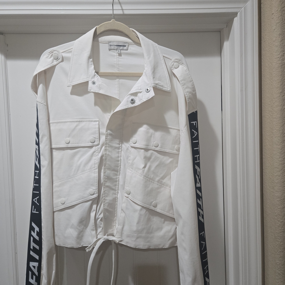 FAITH CONNEXION White  Bomber Jacket with Black Accents SIZE L EUC